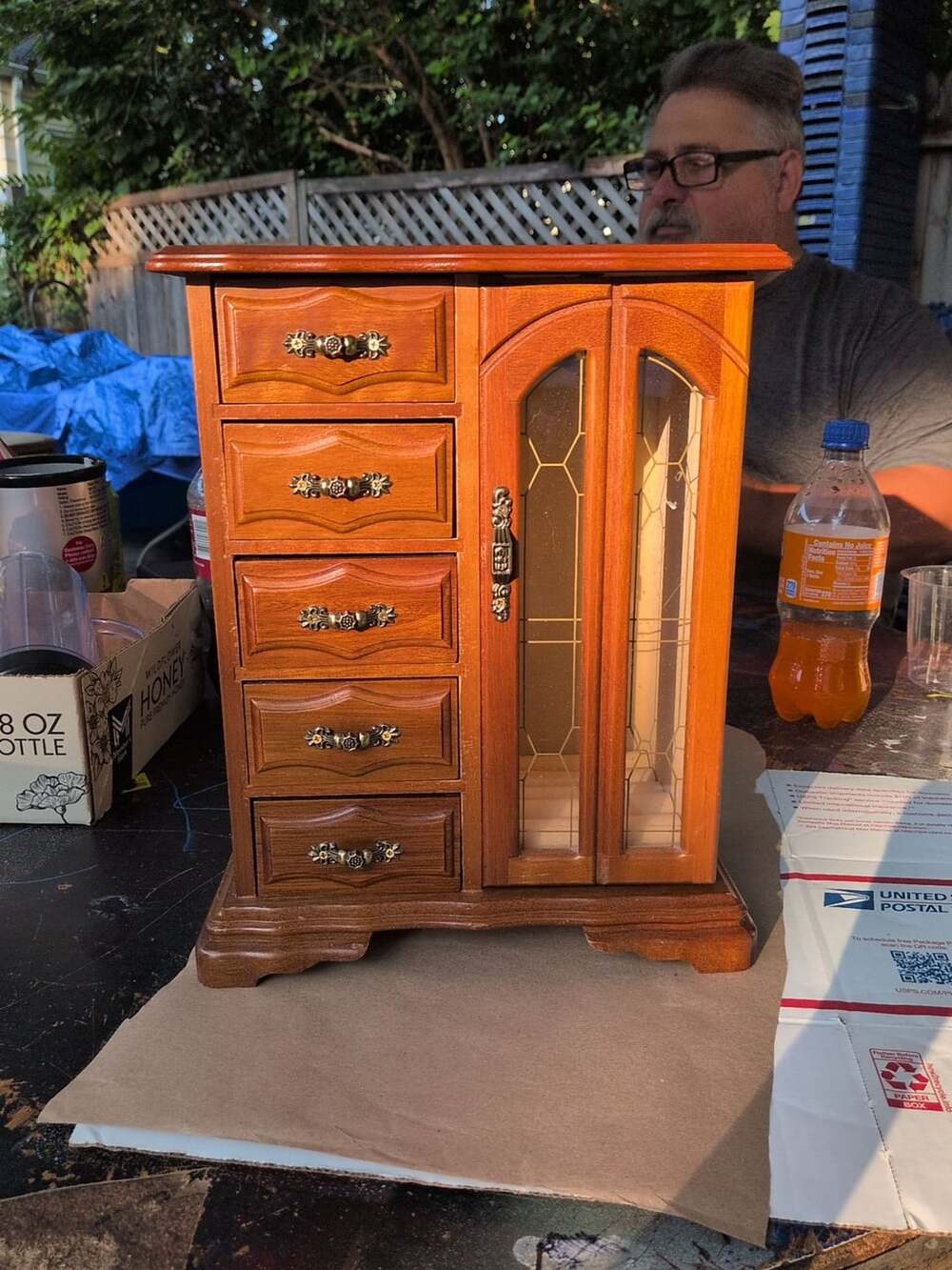 Vintage Wooden Music Jewelry Box Armoire with 5 Drawers and Glass Door